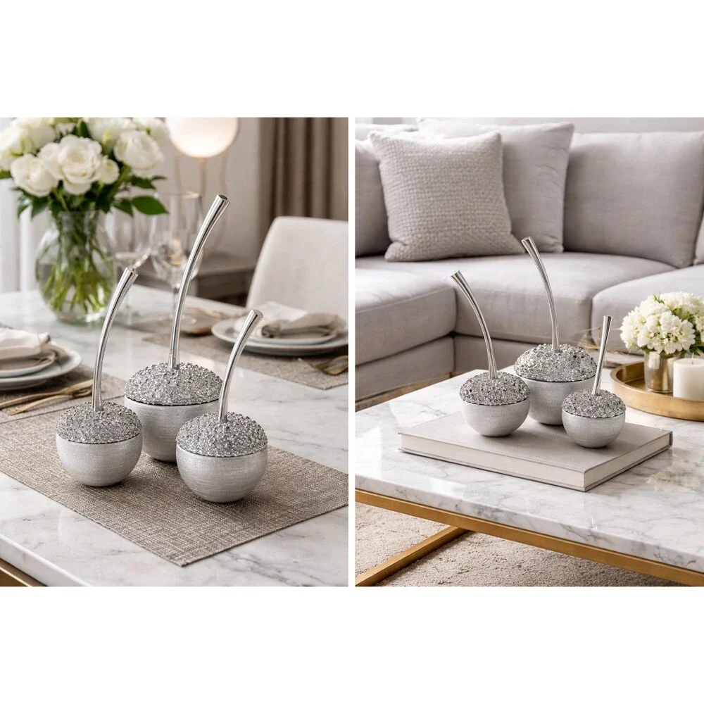 Modern Silver Cherry Decor Set of 3 – Glam Crystal Design – New With Box